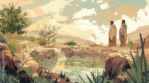 Genesis : Hagar and Ishmael , Biblical Illustration of a Well of Water Appearing for Hagar and Ishmael, Genesis, Beige Background, Copyspace photo