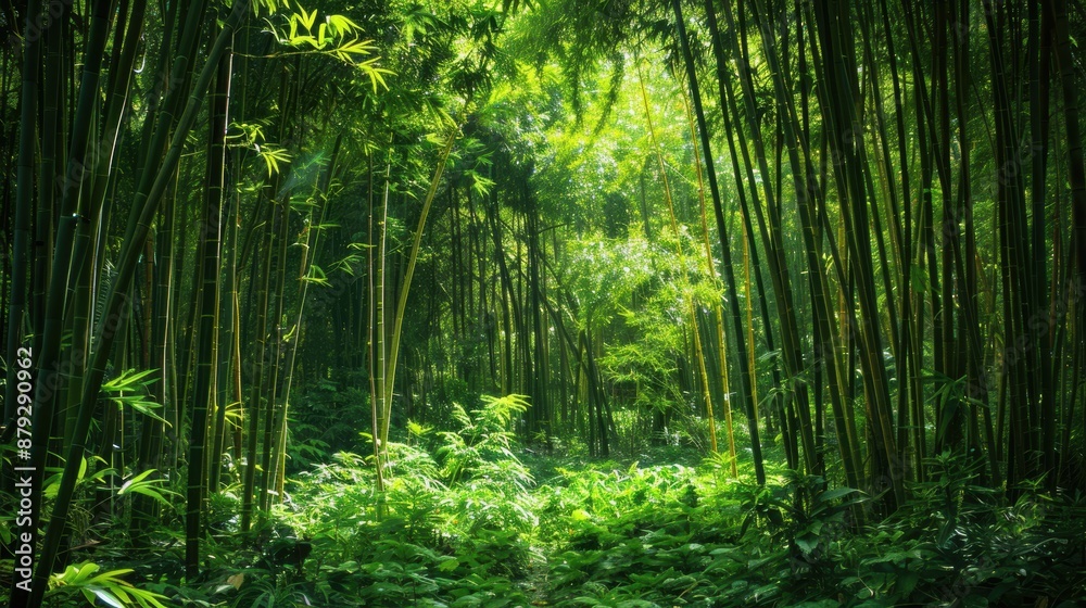 Obraz premium A dense bamboo grove with tall, slender stalks and lush green foliage