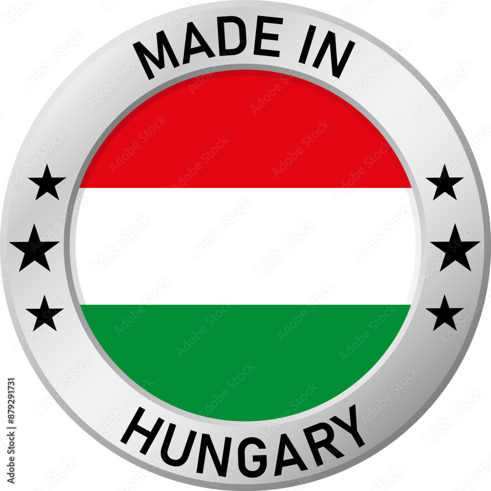 Chrome ring with the inscription: Made in Hungary, in the center - a circle and the flag of Hungary. For industrial enterprises, products, production. Vector illustration. Chrome ring with the inscription: Made in Hungary, in the center - a circle and the flag of Hungary. For industrial enterprises, products, production. Vector illustration.