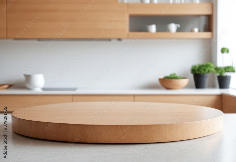 Empty beautiful round wood tabletop counter on interior in clean and bright kitchen background, Ready for display, Banner, for product montage Empty beautiful round wood tabletop counter on interior in clean and bright kitchen background, Ready for display, Banner, for product montage