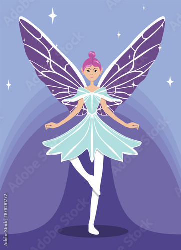 Abstract fairy with wings in a blue dress and pink hair