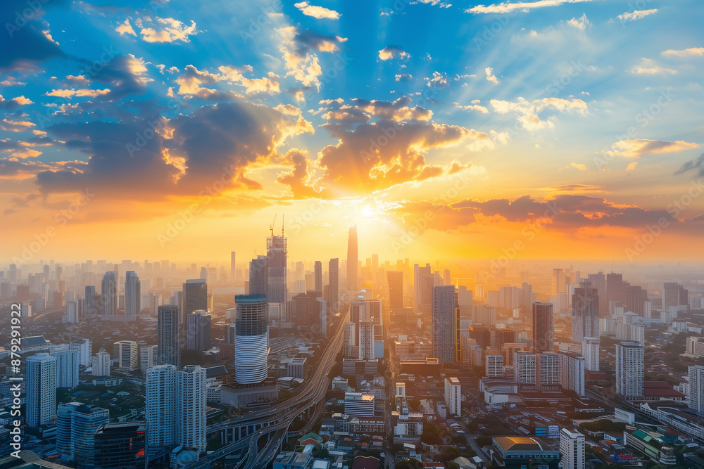 Obraz premium Sunset Backlight Shining Through CBD Skyscrapers