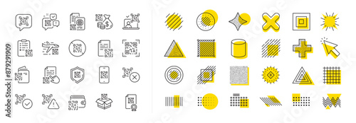 Vaccination certificate, phone qr scan and qrcode document set. Design shape elements. Qr code line icons. Verification process, code scanning and boarding pass line icons. Vector
