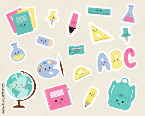 School sticker set with supplies, stationary. Clipart icons of school supplies, stationery tools. Back to school collection for pupils, students, school kids. Educational tools for study.