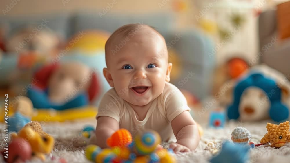 A cheerful baby is happily playing with a variety of colorful toys on a soft carpet in a cozy home environment A cheerful baby is happily playing with a variety of colorful toys on a soft carpet in a cozy home environment