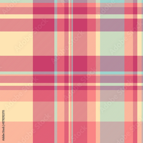 Ethnic check pattern textile, ceremony tartan fabric seamless. Slim plaid vector background texture in red and moccasin colors.