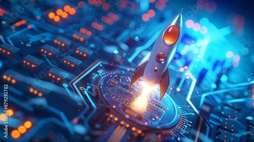 Digital abstract rocket and AI chip. Abstract technology light blue background. Artificial Intelligence growth up concept. Spaceship launch. Tech bg. Processor or semiconductor 3D illustration  photo