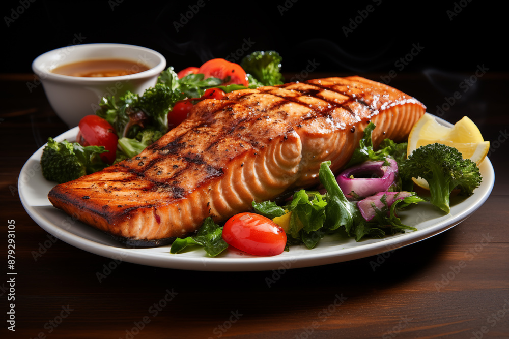 plate of grilled salmon steak with vegetables plate of grilled salmon steak with vegetables