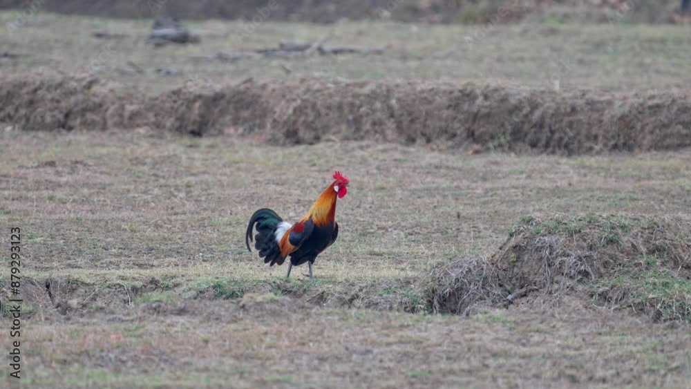 Red junglefowl (Gallus gallus) it's a wild bird living in the Indian Forest. Rooster walking in the Nature Reserve Red junglefowl (Gallus gallus) it's a wild bird living in the Indian Forest. Rooster walking in the Nature Reserve