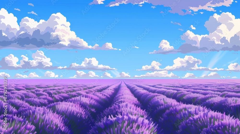 Obraz premium A field of lavender stretching to the horizon under a bright blue sky with fluffy white clouds