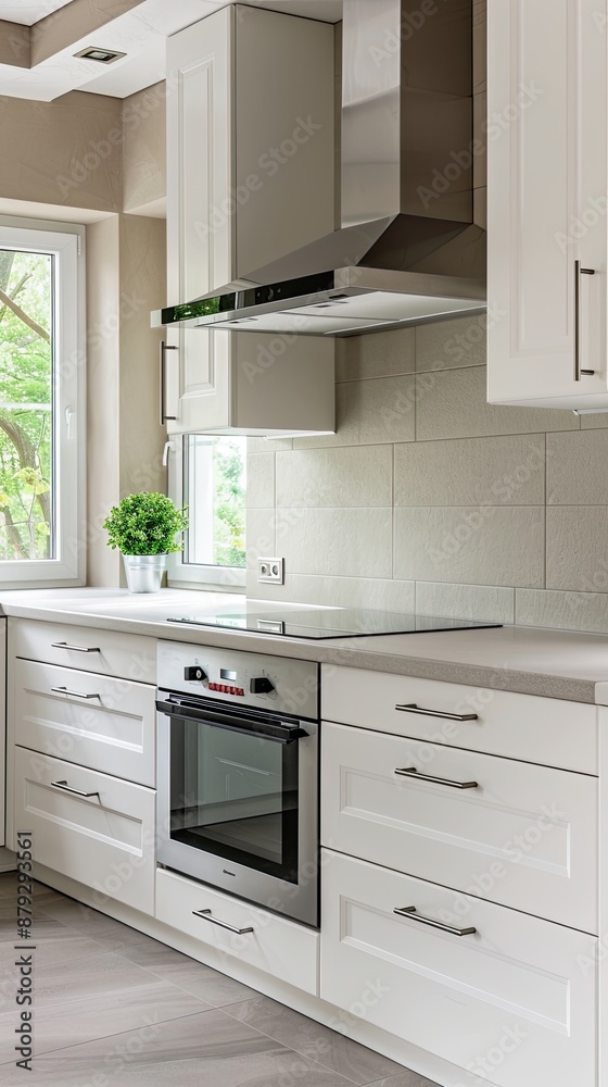Modern white kitchen with stainless steel appliances, white cabinets, a black window frame, and a view of trees and greenery. Light grey tiled floor Modern white kitchen with stainless steel appliances, white cabinets, a black window frame, and a view of trees and greenery. Light grey tiled floor