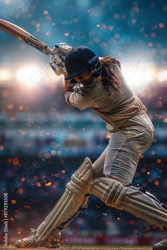 Powerful female cricketer mid-swing, bat connecting with ball, stadium lights illuminating. Freeze-frame action shot, blurred crowd background. Nikon Z9, 70-200mm f/2.8, slightly low angle.   photo