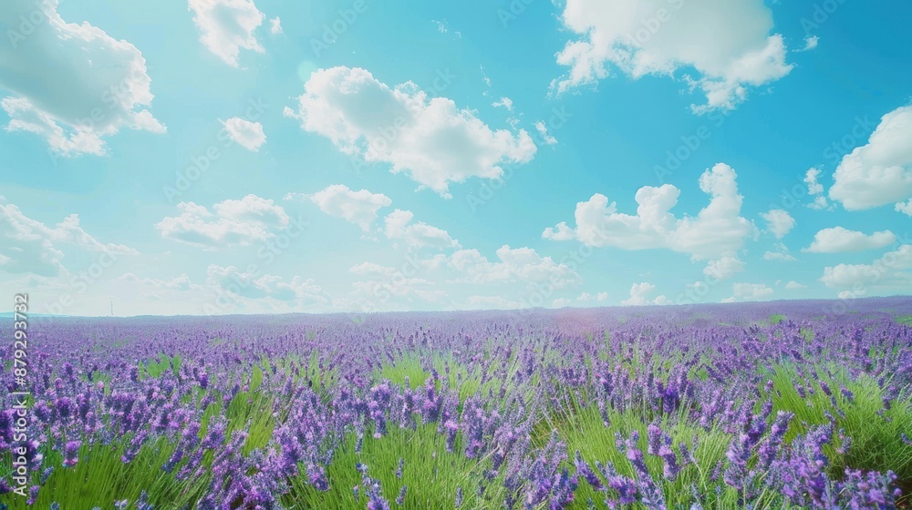 A field of lavender stretching to the horizon under a bright blue sky with fluffy white clouds A field of lavender stretching to the horizon under a bright blue sky with fluffy white clouds
