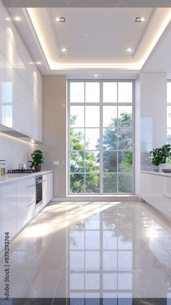 Fototapeta premium Modern white kitchen with stainless steel appliances, white cabinets, a black window frame, and a view of trees and greenery. Light grey tiled floor