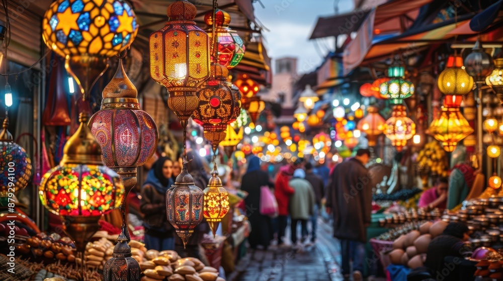 Fototapeta premium A lively street market in Morocco during Ramadan, filled with colorful lanterns, traditional foods, and people in festive clothing