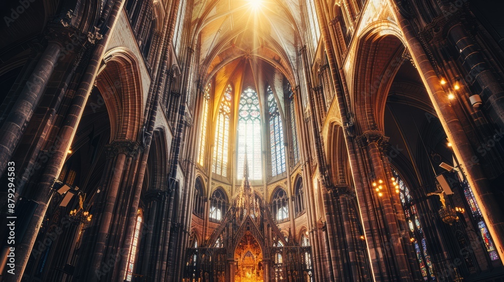 A majestic Gothic cathedral with towering spires, intricate carvings, and light streaming through stained glass windows during a solemn evening mass A majestic Gothic cathedral with towering spires, intricate carvings, and light streaming through stained glass windows during a solemn evening mass