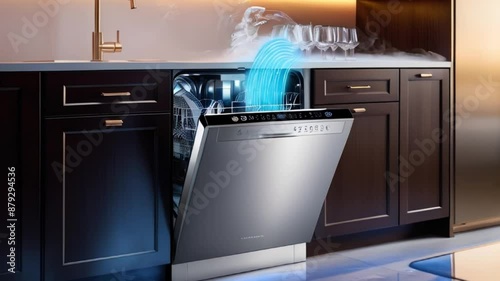 a smart dishwasher with advanced sensors and AI-powered cleaning technology, washing a load of dishes with precision.