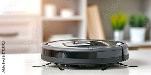 Futuristic Cleaning Smart Vacuum Robot with Wireless Controls for a Smart Home. Concept Smart Home, Cleaning Devices, Futuristic Technology, Wireless Controls photo