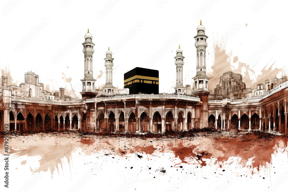 Fototapeta premium Holy Kaaba in Mecca Saudi Arabia, Hand Drawn Sketch Vector illustration.