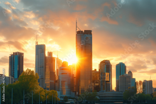 Sunset Backlight Shining Through CBD Skyscrapers