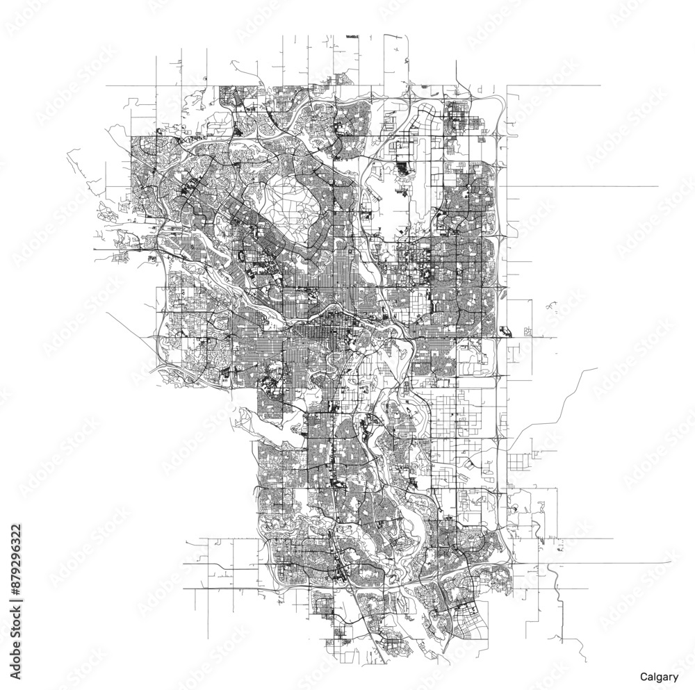 Fototapeta premium Calgary city map with roads and streets, Canada. Vector outline illustration.
