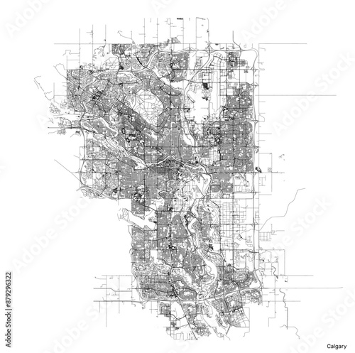 Calgary city map with roads and streets, Canada. Vector outline illustration.