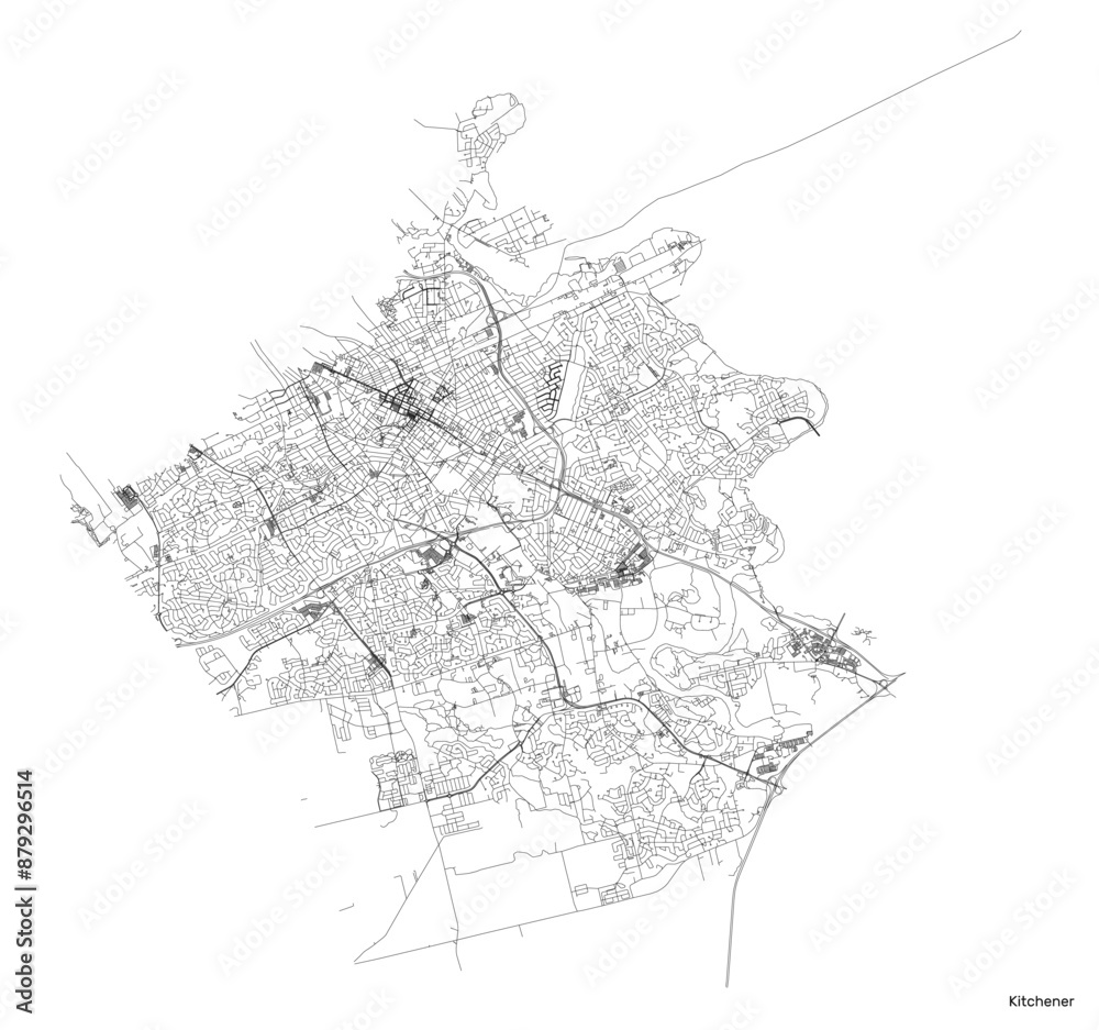 Fototapeta premium Kitchener city map with roads and streets, Canada. Vector outline illustration.