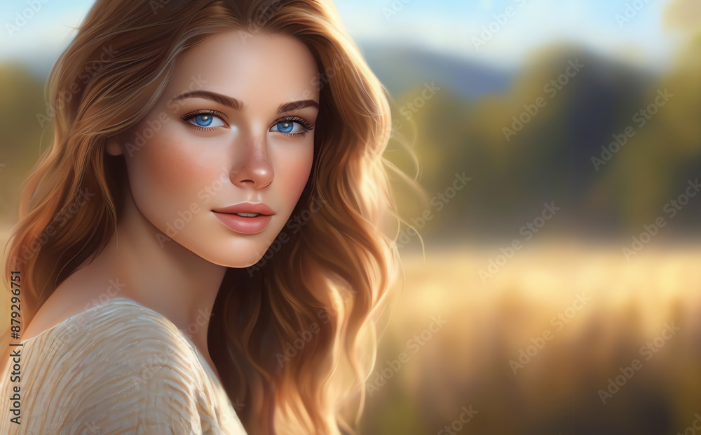 An illustration of a young woman with light freckles and blue eyes
