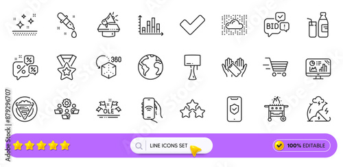 Cloud system, Smartphone holding and Diagram graph line icons for web app. Pack of Stress protection, World planet, Milk pictogram icons. Discounts chat, Table lamp, Bid offer signs. Vector