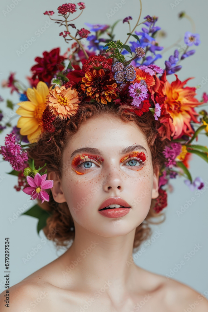 Young woman with red hair and freckles wears a flower crown, colorful makeup, and intricate face paint, exuding charm against a white background Young woman with red hair and freckles wears a flower crown, colorful makeup, and intricate face paint, exuding charm against a white background