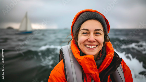 A smiling woman in an orange jacket and life vest, enjoying a boat ride on a windy day at sea, with a sailboat in the background under a cloudy sky.
