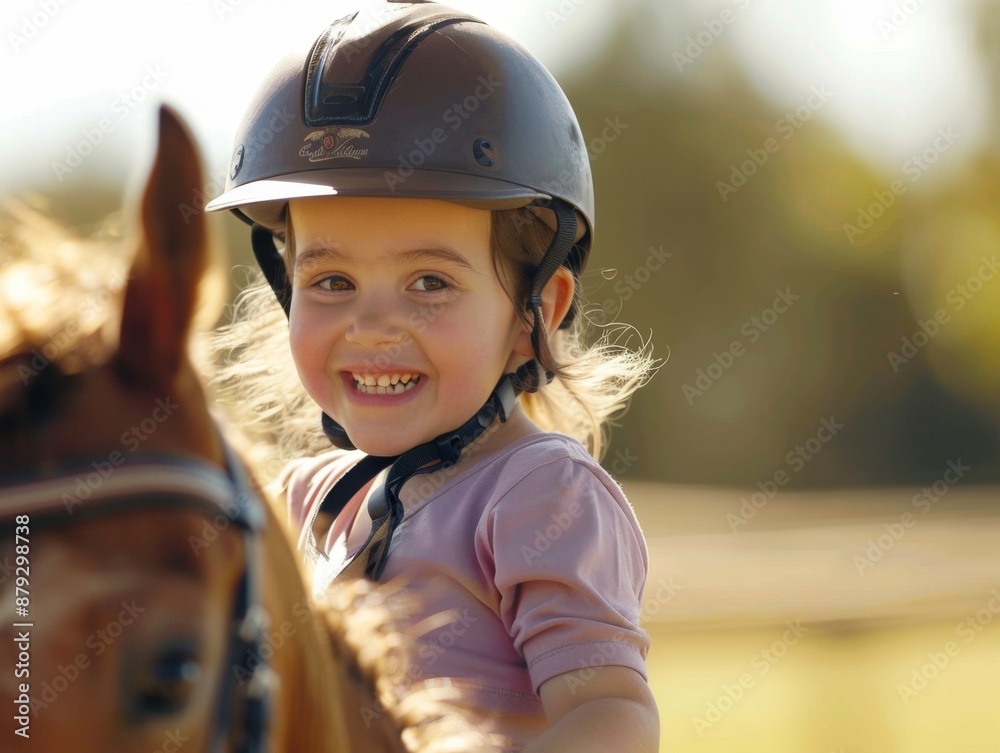 A smiling child in a helmet riding a horse, enjoying an outdoor activity on a sunny day. Perfect for promoting horseback riding lessons, children's outdoor activities, and equestrian safety gear. A smiling child in a helmet riding a horse, enjoying an outdoor activity on a sunny day. Perfect for promoting horseback riding lessons, children's outdoor activities, and equestrian safety gear.