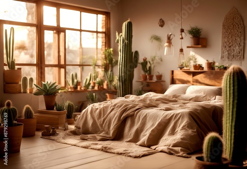 sheets boho night realistic photo frame rug lves roof aesthetic bedchamber plants photo beige bed stands wooden cactus photo coming cactus aesthetic bohemian sunlight bedroom frame cactus window linen