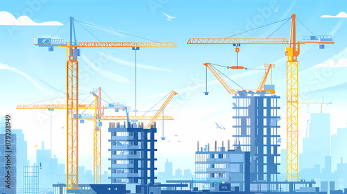 Construction site background. Hoisting cranes and new multi-storey buildings. I.ndustrial background.Building construction site work against blue sky