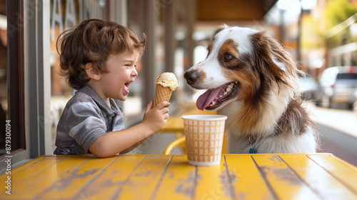 Joyful boy sharing ice cream with Australian Shepherd dog at outdoor cafe
