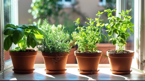 A small herb garden with neatly arranged pots of basil, rosemary, thyme, and mint on a sunny windowsill