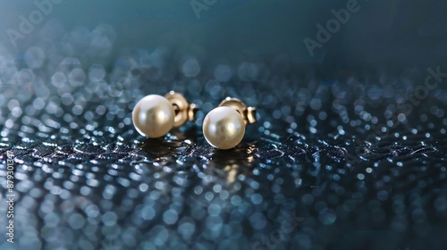 Tiny pearl stud earrings on a sleek black acrylic surface photo