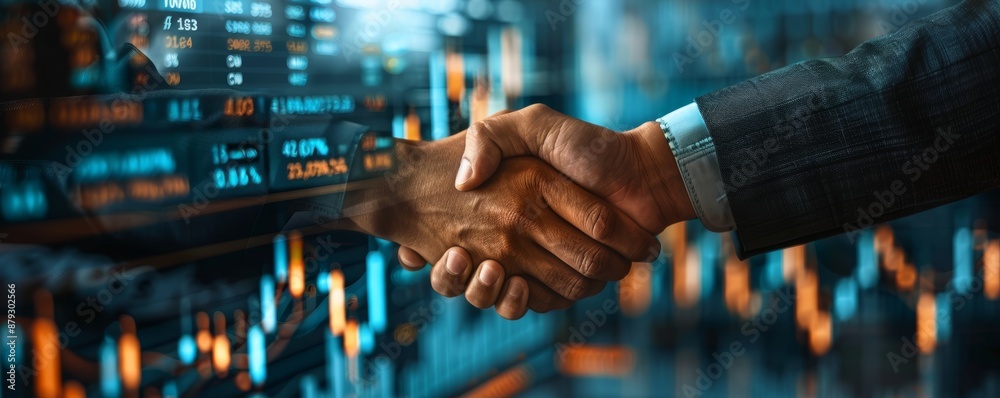 A handshake with financial graphs and data in the background, representing a business transaction A handshake with financial graphs and data in the background, representing a business transaction