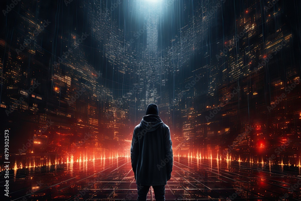 a man from behind, futuristic downtown in background, illustration a man from behind, futuristic downtown in background, illustration