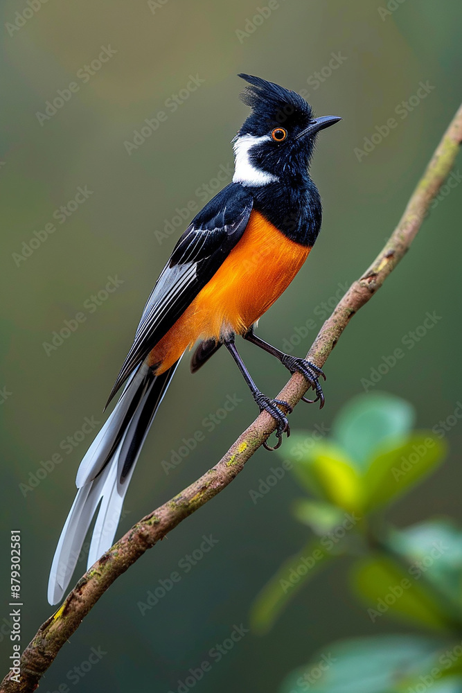 Fototapeta premium Orange-breasted bird perched on a branch, displaying its vibrant plumage against a blurred natural background.