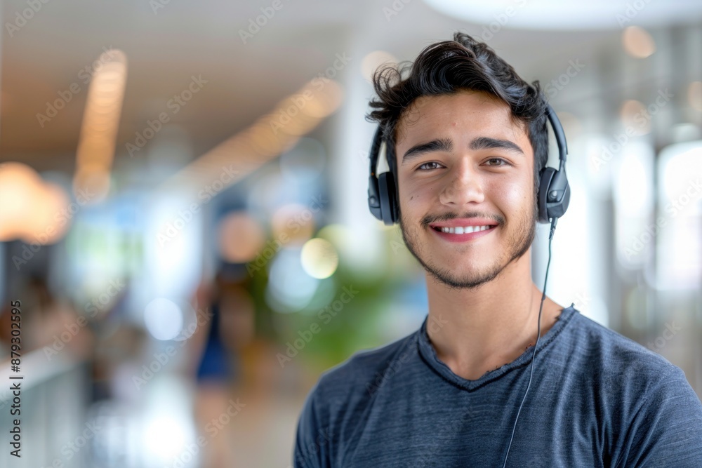 Portrait of a male customer service representative smiling and wearing a headset bright modern office background