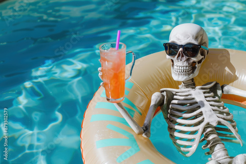 Skeleton wearing sunglasses relaxing on inflatable ring in swimming pool and holding refreshing cocktail on summer day