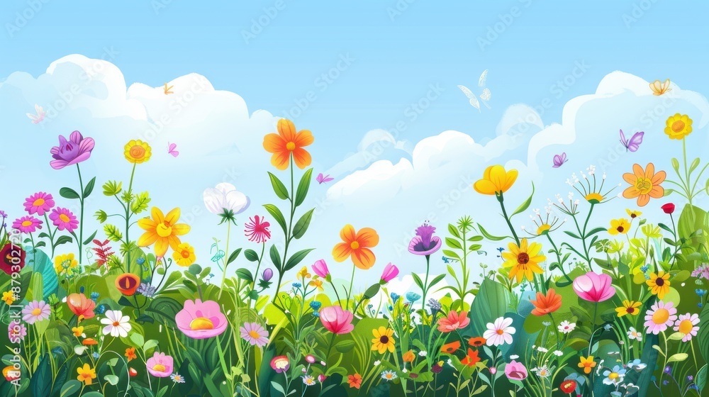 A vibrant garden filled with blooming flowers of various colors and species on a sunny day A vibrant garden filled with blooming flowers of various colors and species on a sunny day