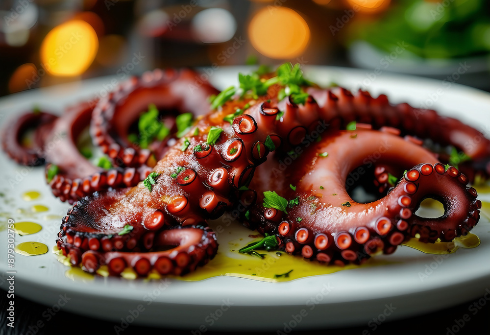 Fototapeta premium grilled octopus tentacles artfully arranged with a drizzle of olive oil and herbs, ad shot, copy space for text 