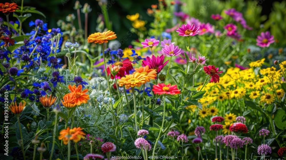 Fototapeta premium A vibrant garden filled with blooming flowers of various colors and species on a sunny day