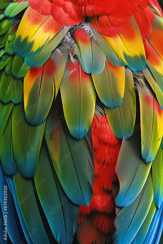 Fototapeta premium Close-up of colorful parrot feathers, highlighting the intricate and vivid patterns and textures.