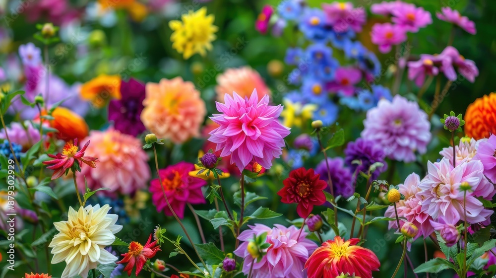 A vibrant garden filled with blooming flowers of various colors and species on a sunny day