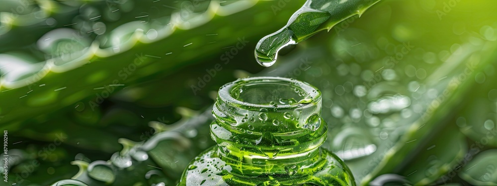 Aloe vera essential oil drips into the bottle. Selective focus Aloe vera essential oil drips into the bottle. Selective focus