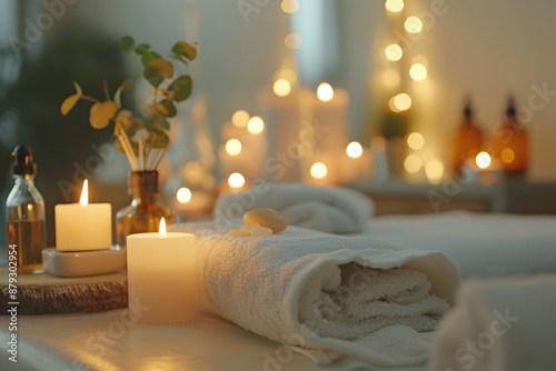 Luxurious spa setting with candles, essential oils, and a plush massage table, emphasizing relaxation, self-care, and wellness.


