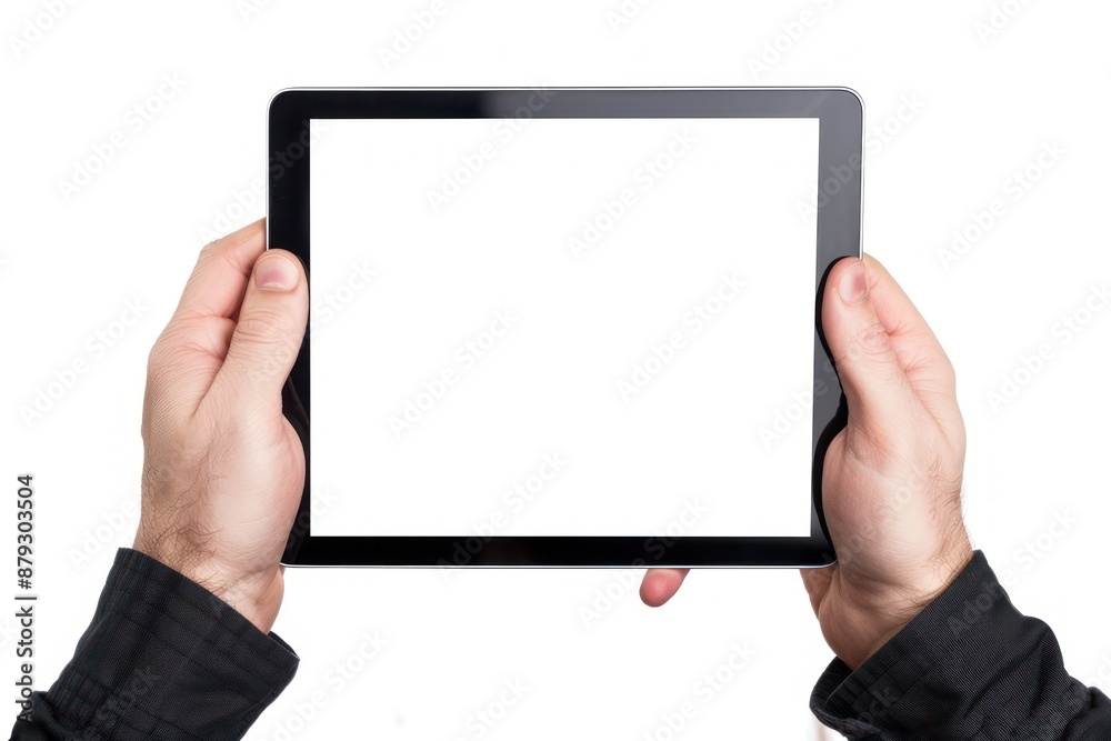 Showcase a close-up of hands holding a tablet device with a blank white screen, perfect for adding custom content Showcase a close-up of hands holding a tablet device with a blank white screen, perfect for adding custom content